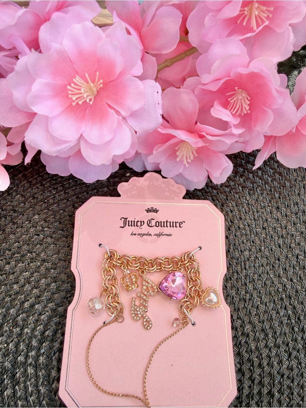 Juicy Couture Gold Chain Bracelet with Pink Crystal Heart and Charm Drop